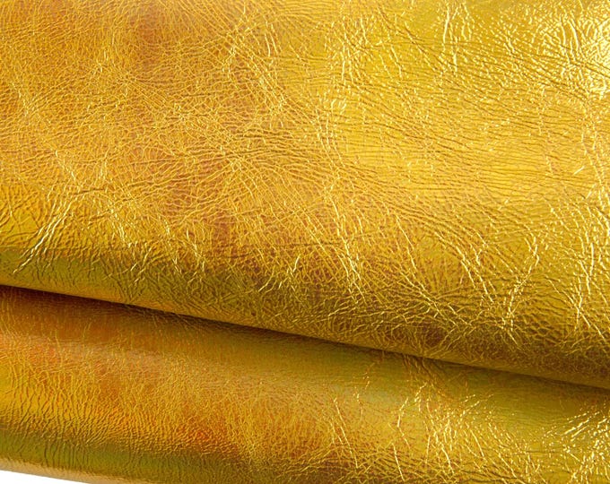 Premium GOLD leather skin, golden IRIDESCENT metallic wrinkled leather goatskin, milled hide 0.8 - 1.0mm for crafting B19190-MT La Garzarara