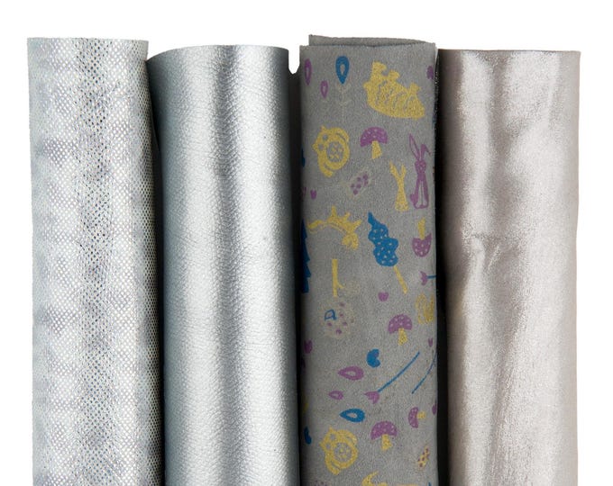 BUNDLE of 4 grey steelmetal leather pieces, assortment of metallic printed matching goatskinsfor diy projects B17575-MT(ST) La Garzarara