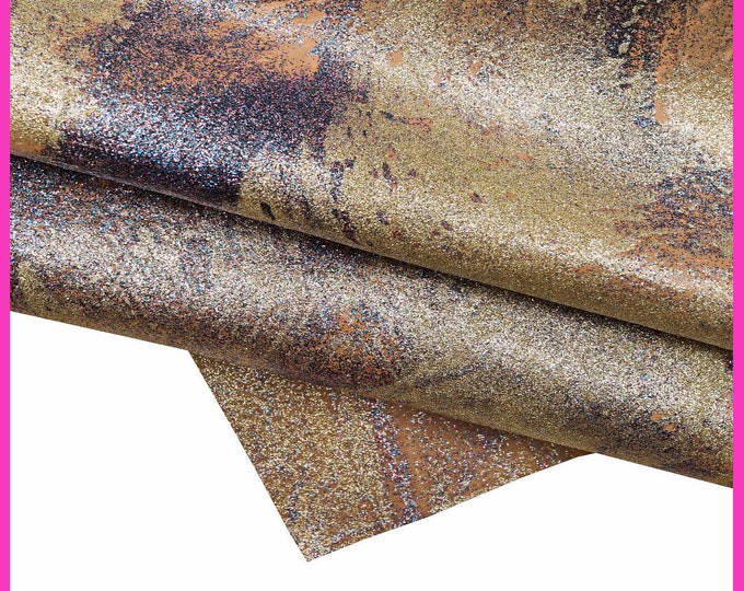 Light gold GLITTER leather hide with abstract print, metallic calfskin with artistic decoration, medium softness B14968-MT(st)