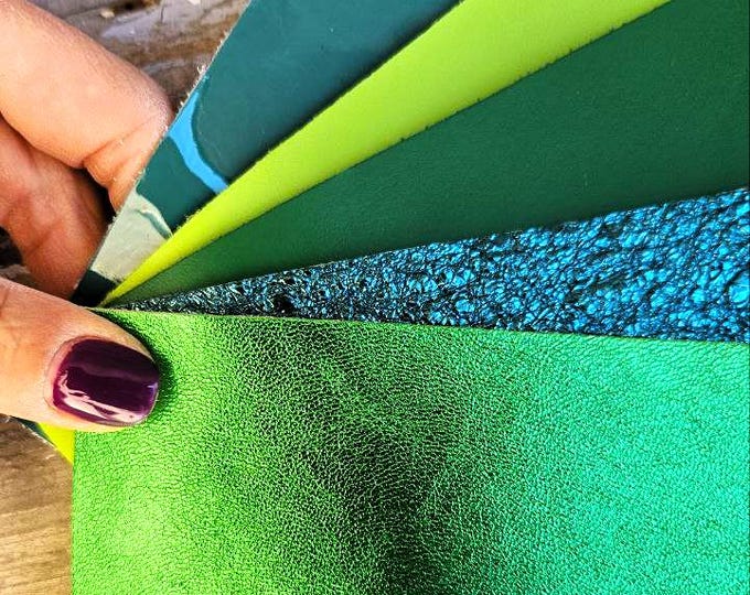 5 Selected leather scraps, solid color, GREEN, finishing various, selection leather pieces as per pictures 8x10" / 20x25 cm   RT318
