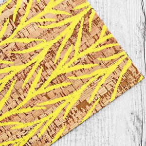 Fogli di SUGHERO naturale con stampa a foglie gialle scampoli pretagliati tessuto vegano   25 x 20 / 30 x 30 cm   B907  La Garzarara