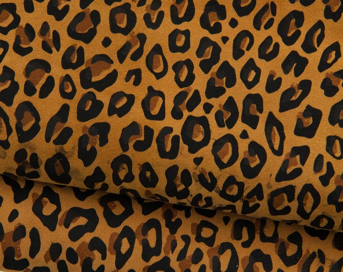 LEOPARD textured leather skin, tan brown SUEDE goatskin with black cheetah print, animal pattern on soft hide B19247-ST La Garzarara