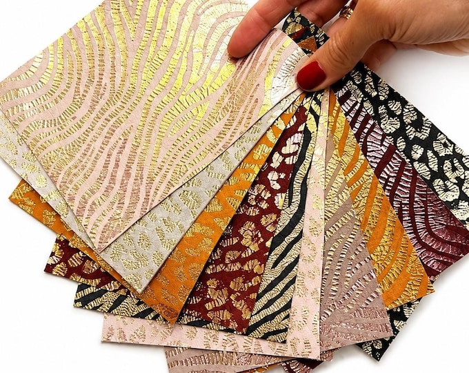 Gold Patterned Leather Scraps, Metallic Shimmer Offcuts, Decorative Leather Pieces for Creative Crafts RT260 La Garzarara