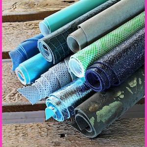 Scampoli di pelle miste, tonalità di VERDE e BLU, stampe e fantasie varie, ideali per l'artigianato  0,500 kg- 0,750 kg- 1 kg- 2 kg   B088/B