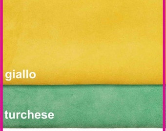 Colored suede calf leather hide, soft cowhide skin for bags and accessories, color options yellow and tourquoise  B14111-TU La Garzarara