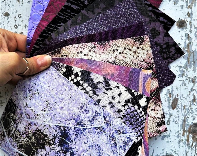 10 selected leather scraps, PURPLE and VIOLET metallic, textured, printed selection of leather remnants as per pictures  RT111B La Garzarara
