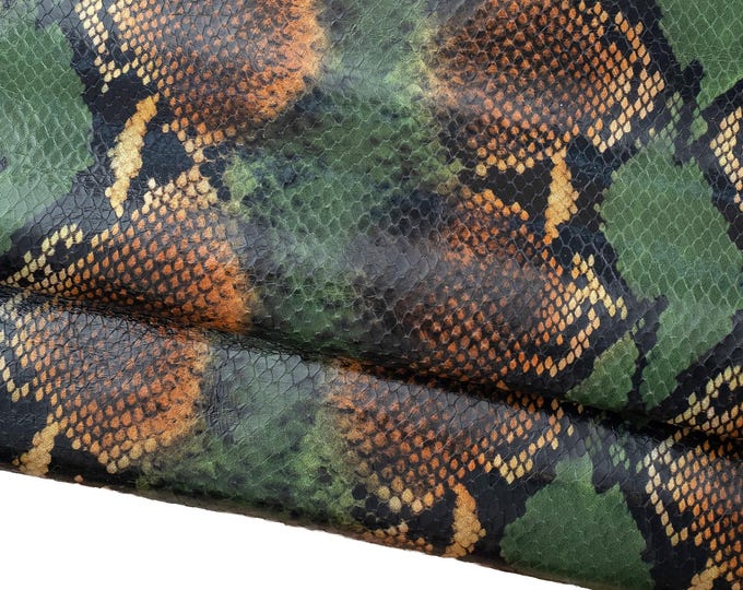 Brown - green PYTHON textured leather hide, REPTILE printed cowhide, glossy soft hide for hobbyists B18569-ST La Garzarara
