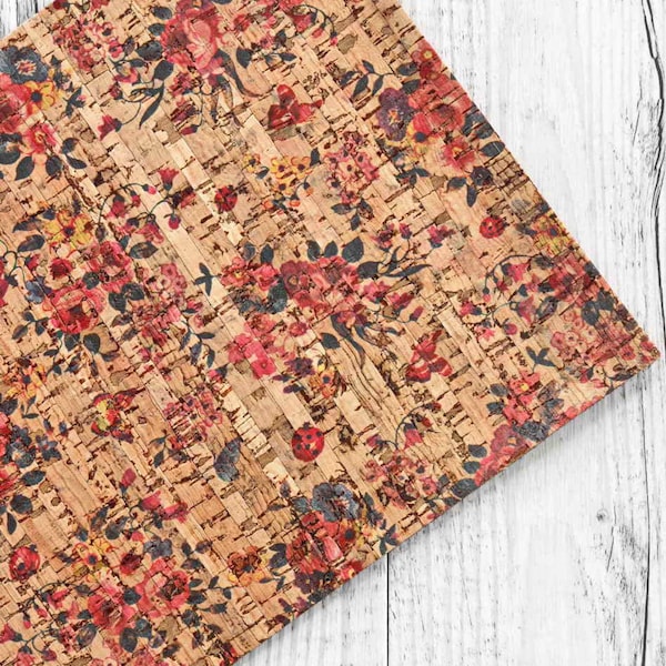 Floral PRINT CORK sheets - vegan fabric pieces , made in Italy, floral textured print  8 x 10" / 12 x 12"  B902   La Garzarara