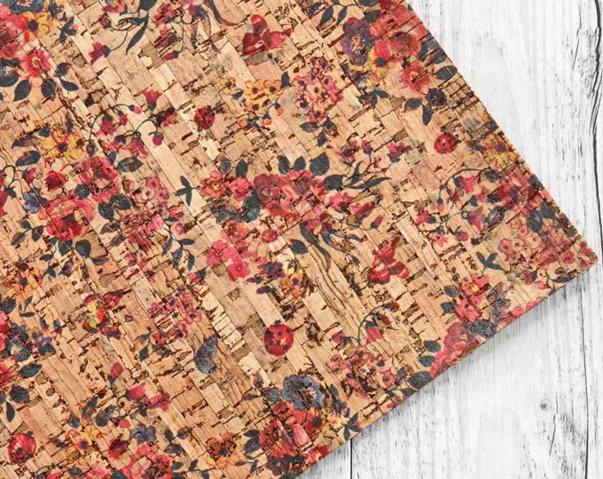 Floral PRINT CORK sheets - vegan fabric pieces , made in Italy, floral textured print  8 x 10" / 12 x 12"  B902   La Garzarara