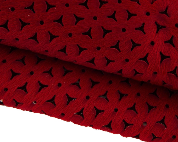 Red PERFORATED hair on leather hide, pierced pony calfskin, soft hairy cowhide for crafting B17440-CV La Garzarara