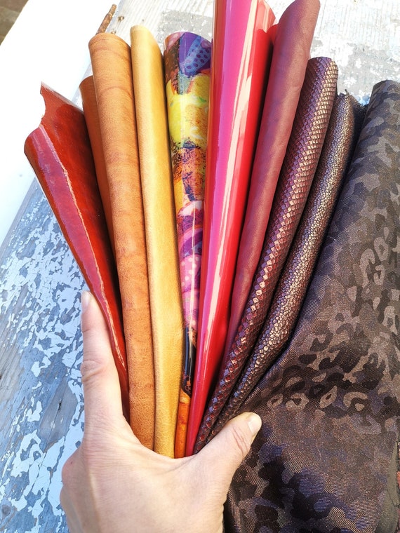 10 Selected Leather Scraps, YELLOW, ORANGE and RED Tones, Mix Colorful  Selection Leather Remnants as per Pictures RT53 La Garzarara 