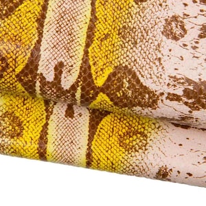 REPTILE printed leather hide, yellow - brown - powder pink SNAKE textured cowhide, glossy soft skin for crafters B18257-ST La Garzarara