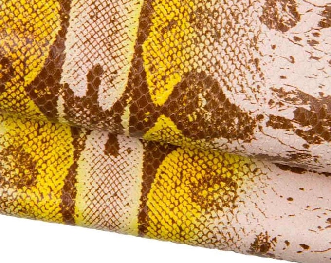 REPTILE printed leather hide, yellow - brown - powder pink SNAKE textured cowhide, glossy soft skin for crafters B18257-ST La Garzarara