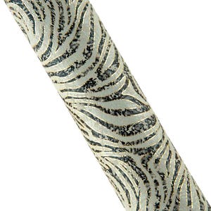 May include: A cylindrical object featuring a textured surface with a repeating pattern of raised, light-colored, wavy lines against a dark, mottled background. The design creates a high-contrast visual effect with metallic gold accents visible within the grooves.