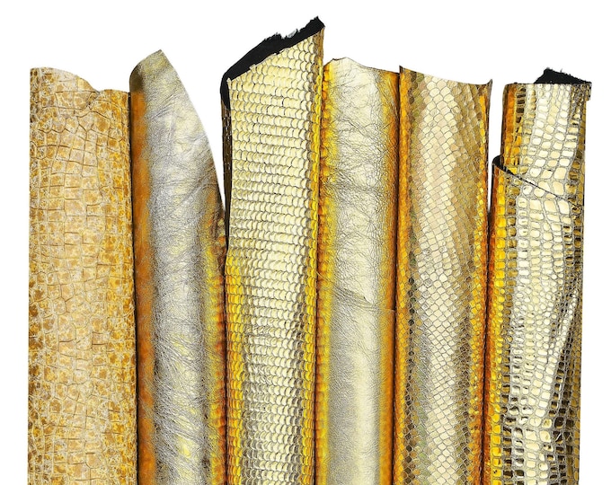 Set of 6 GOLD matching leather skin, smooth metallic and CROCODILE PYTHON printed soft goatskins for diy projects B18352-mt(st) La Garzarara