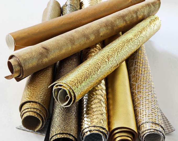 Gold Leather SCRAPS, Renmants fancy textures, solid color, italian gold leather pieces for earrings   1 lbs   B1380-RC    La Garzarara