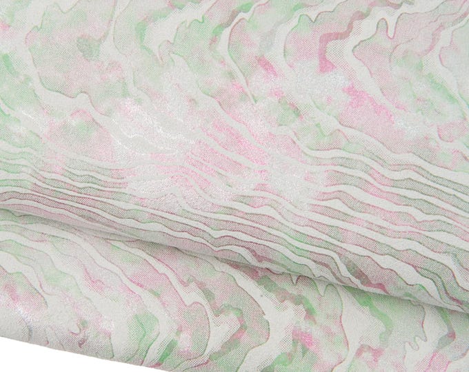 Zebra printed leather skin, green and pink GLITTER animal texture on white suede calfskin, soft and shiny for DIY creations  B18616-MT(st)