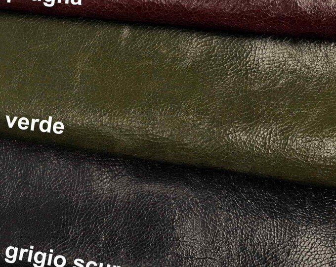 Crinkly leather hides, Green grey purple glossy wrinkled cowhide, crackled shiny skins B13234-ST La Garzarara
