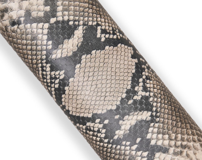 Grey black PYTHON textured leather hide, glossy soft reptile printed calfskin, snake pattern on cowhide, for diy creations B18124-ST