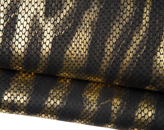 Metallic REPTILE embossed leather hide, black ZEBRA-like prints on gold cowhide, soft painted calfskin for hobbyists B18608-MT(st)