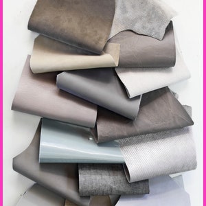 Sacchetto di ritagli di pelle miste, color GRIGIO CHIARO, stampe, fantasie e morbidezze varie   0,300 kg     B1410-RC