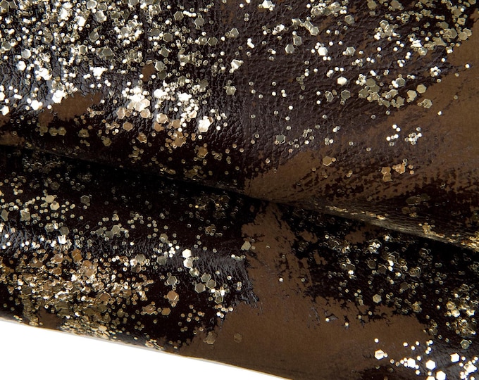 Brown ARTISTIC leather skin - gold GLITTER, hand - decorated suede nubuck goatskin, metallic soft hide for diy projects B18398-DM