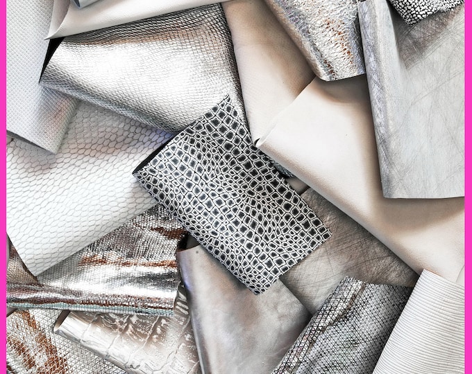 Leather scraps bag, WHITE, GREY and SILVER tones, fancy textures, foils and softness various, from 0,7 lbs to 2 lbs   B056  La Garzarara