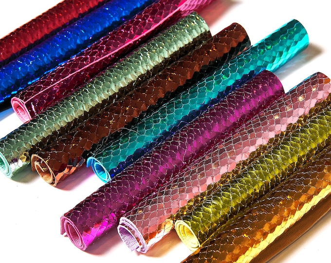 Metallic PYTHON printed leather scraps in bright colors - 10 random reptile remnants snake leather pieces 6x5" / 15x12 cm RT306 La Garzarara