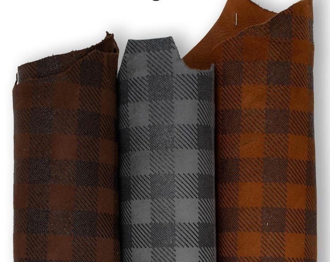 PLAID printed leather skin, brown - grey - tobacco,  GINGHAM pattern on matt soft suede goat hides for hobbyists B19140-ST La Garzarara