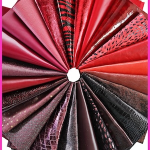 Scampoli di pellame ROSSO e BORDEAUX, pezzi di pelle pretagliati casuali, laminati, stampati tinta unita,25 x 20 cm B14383-PZ La Garzarara