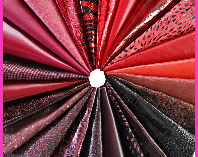 Leather sheets RED BURGUNDY, pre cut leather pieces random selection, mix metallic, printed cut off B14383-PZ La Garzarara