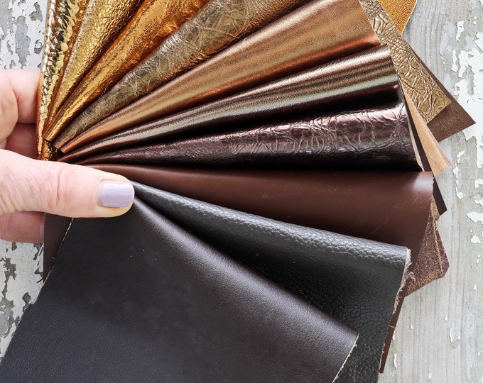 10 Leather Scraps, Bronze, Brown, Dark Brown, Metallic Smooth, Solid Tones, Varied Grains, Assorted Pieces for Crafting  B1533  La Garzarara