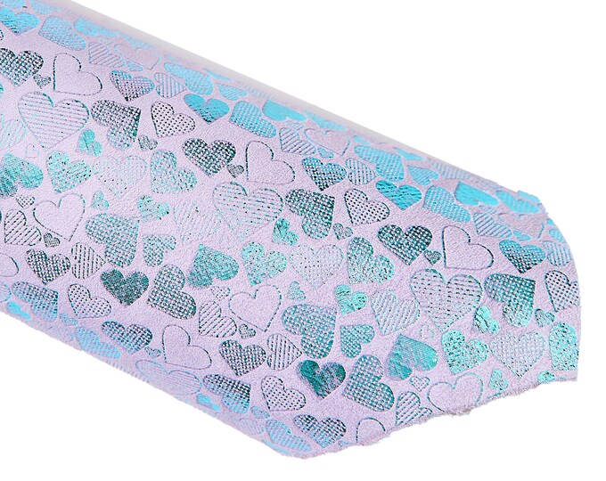 HEART printed leather skin, lilac suede goatskin with light blue metallic texture soft bright suede hide B16692-MT(ST) La Garzarara