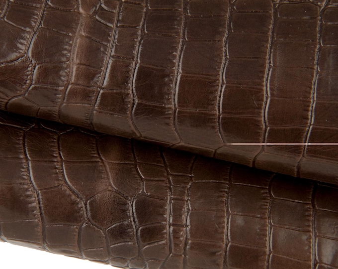 Brown CROCODILE embossed leather hide, glossy croc printed calfskin, soft cowhide for diy projects B17232-ST La Garzarara