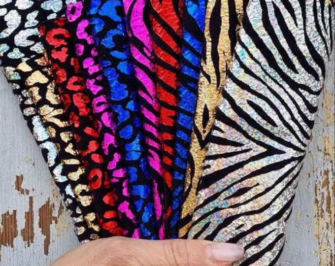 10 Selected leather scraps, ANIMAL prints, mix colorful selection leather remnants as per pictures  RT50 La Garzarara