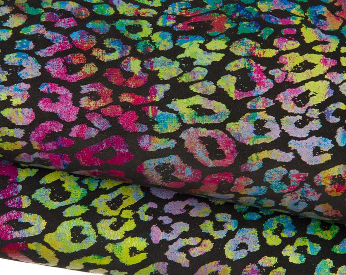 MULTICOLOR leopard texture on black basis, calfskin, colorful CHEETAH printed skin for diy projects B18592-ST   La Garzarara