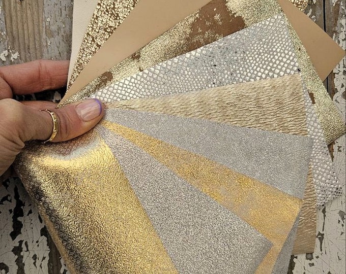 10 Selected leather scraps, GOLD, SILVER and CREAM tones, printed and foils various, mix selection leather remnants as per pictures RT211