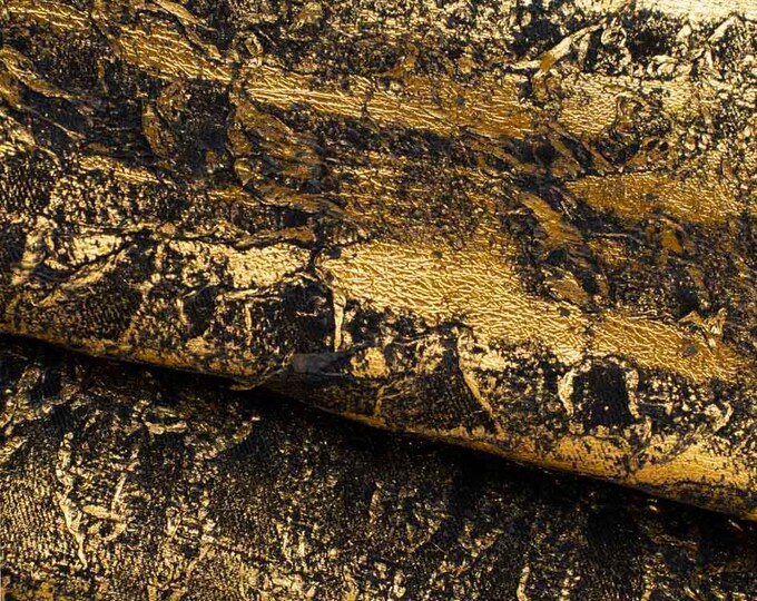 METALLIC textured leather skin, gold REPTILE print on black suede goatskin, glossy soft hide for crafters B19573-MT(st) La Garzarara