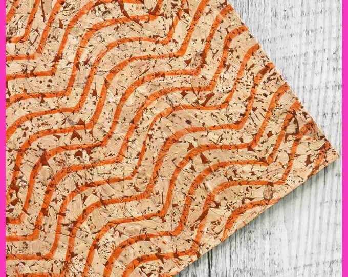 Vegan fabric CORK sheets - printed pieces , orange abstract print sustainable material   4 x 6" / 8 x 10" / 12 x 12"  B928  La Garzarara