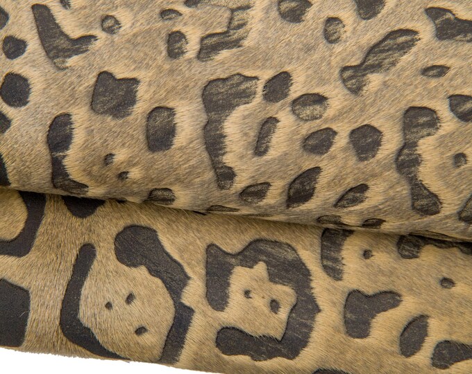 LEOPARD printed HAIR on leather hide, beige-black animal cheetah texture on pony calfskin B17424-CV La Garzarara