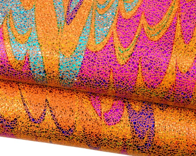 Multicolor IRIDESCENT leather skin, metallic CRACKLE pattern on orange goatskin, holographic bright hide B18434-MT(st) La Garzarara