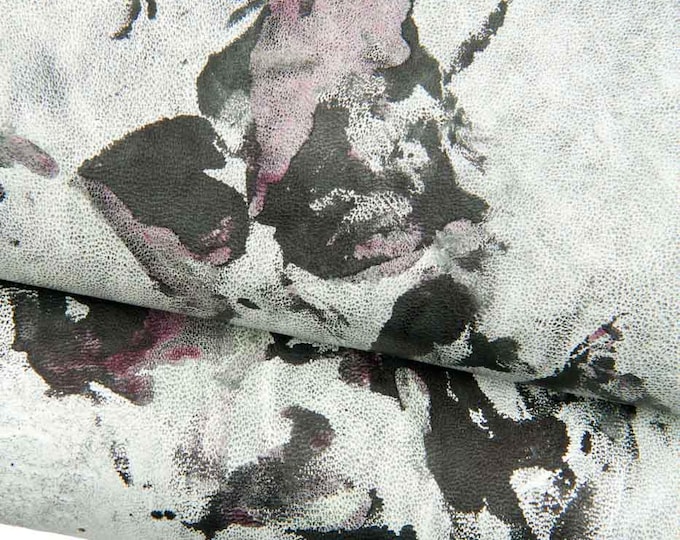 Super VINTAGE nappa leather skins, 2 grey soft cowhide- black/burgundy abstract print, SPORTY calfskin for crafting and garments B18748-VT