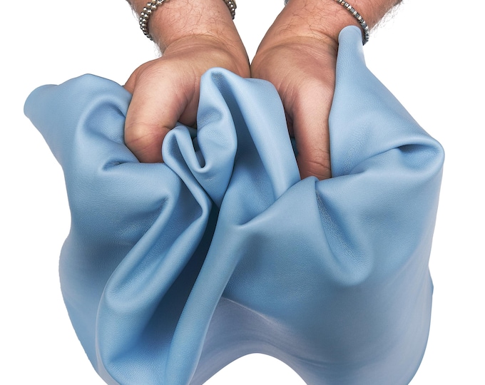 Light blue SMOOTH leather skin, super soft lambskin hide, sheepskin for garments and crafting, matt, 0.7 - 0.8 mm B17589-TU La Garzarara