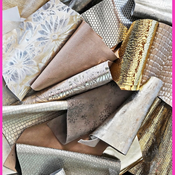 Sachet de chutes de cuir mixtes, tons OR, PLATINE et BEIGE, imprimés, foils, motifs et douceurs diverses, de 0,300 kg à 1 kg B080