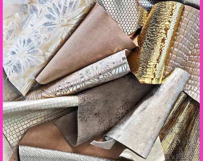 Leather scraps bag, GOLD, PLATINUM and BEIGE tones, fancy textures, foils and softness various, from 0,7 lbs to 2 lbs   B080