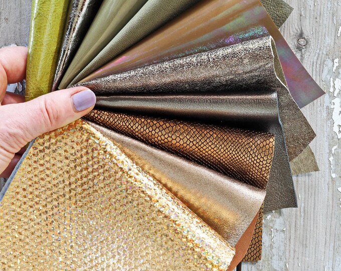 10 GOLD, BRONZE and GREEN leather scraps, metallic and not, smooth, solid tones, random assortment, grains various   B1545  La Garzarara