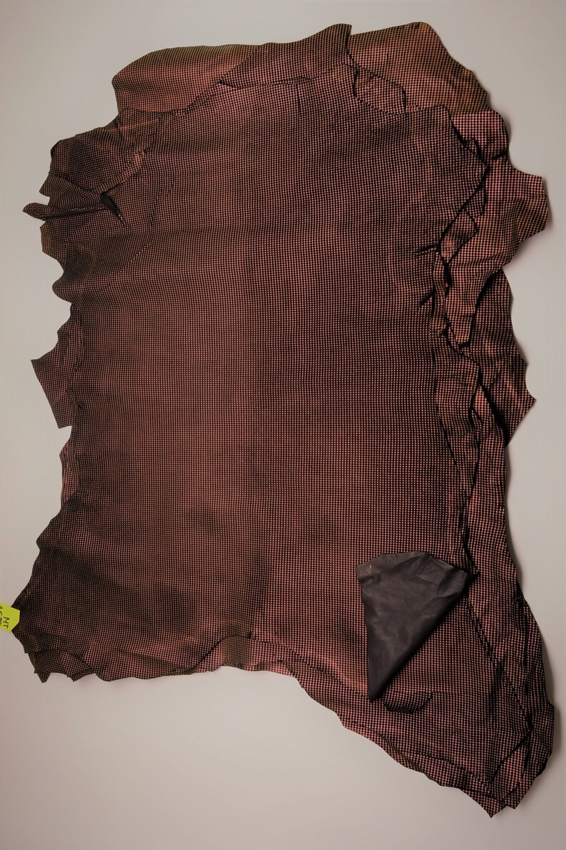 A5354-ST La Garzarara black suede hides with a pearly rust red laminated pied de poule print Italian leather soft and lightweight skin