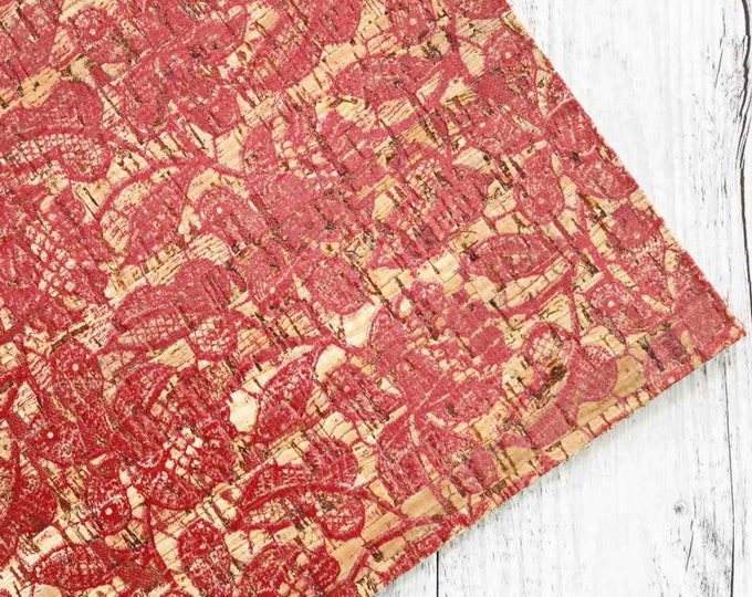 Sustainable  print CORK sheets, vegan printed fabric pieces - dark pink floral textured, print flowers  B913  La Garzarara