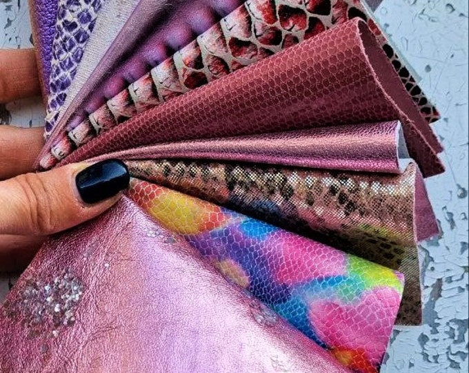 10 Selected leather scraps, color PINK and PURPLE printed, foils, mix colorful selection pre-cut leather remnants as per pictures  R94