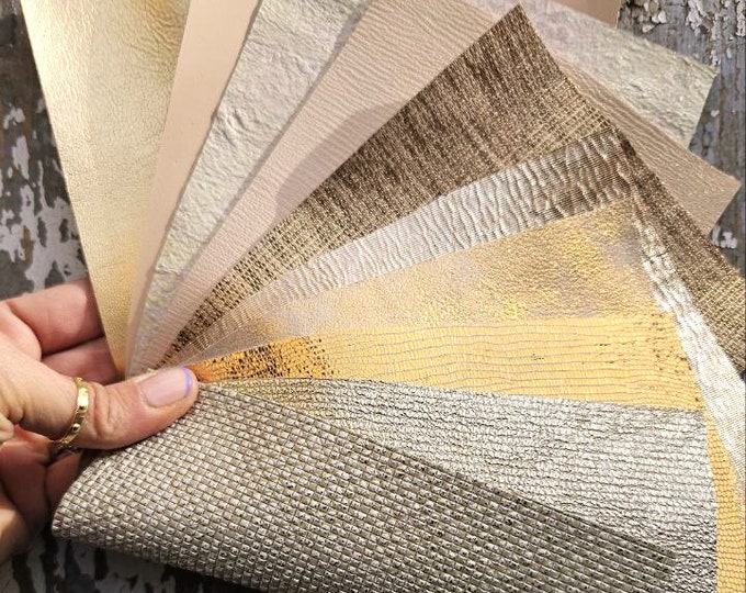 10 Selected leather scraps, GOLD, PLATINUM and CREAM tones, printed and foils various, mix selection leather remnants as per pictures RT214